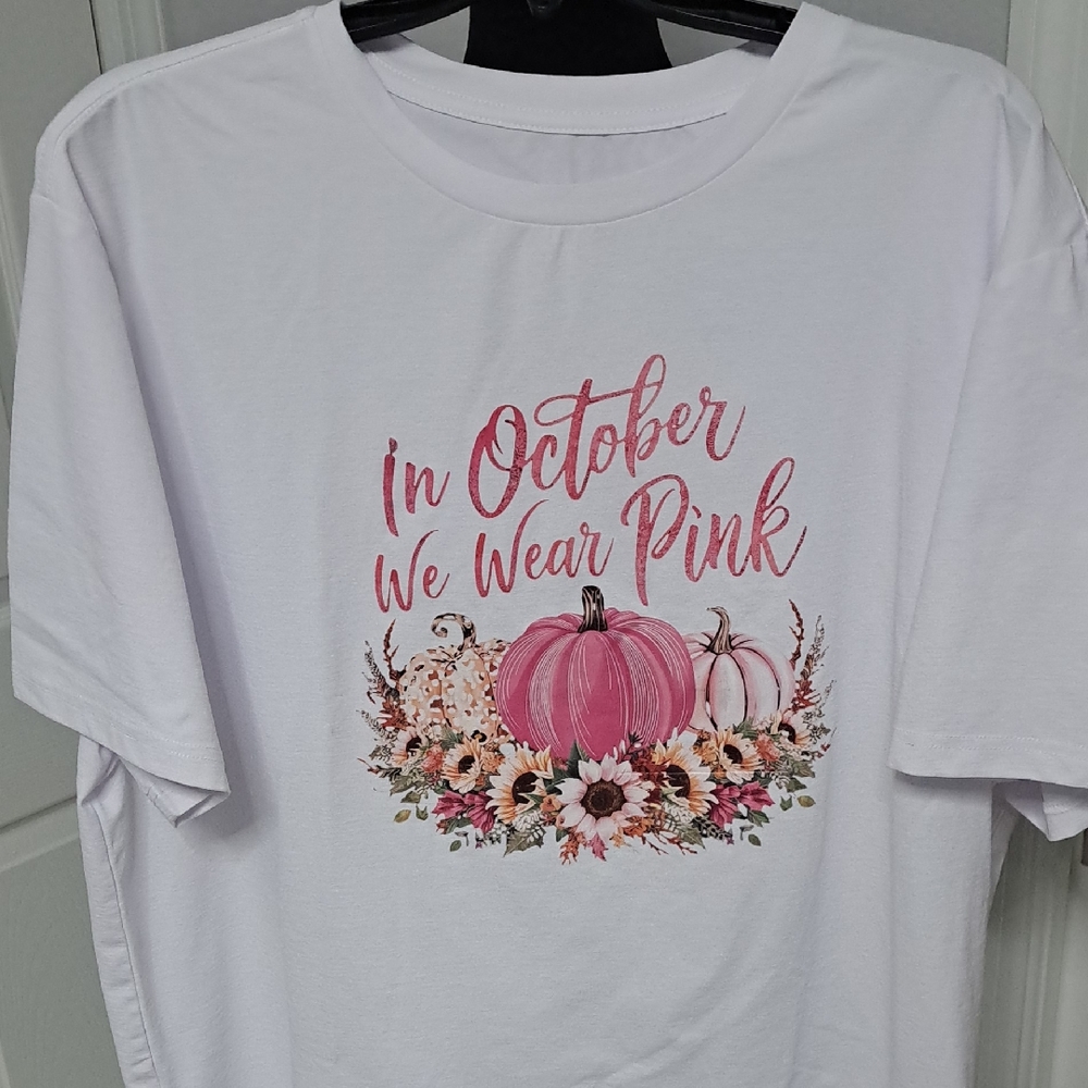White T-Shirt with Pink Pumpkin Design